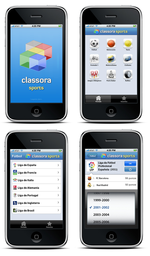 Captura de algunas pantallas de Classora Sports en iPhone